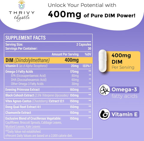 Liposomal DIM Supplement - 400mg for Women with Vitamin E & Evening Primrose - Vegetarian DIM Complex (1 Pack)