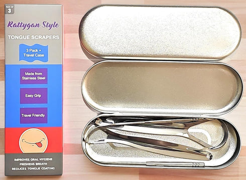 Metal Tongue Scrapers, 3 Piece Set, 304 Stainless Steel with Storage Case - Oral Hygiene Metal Tongue Cleaners (Silver)