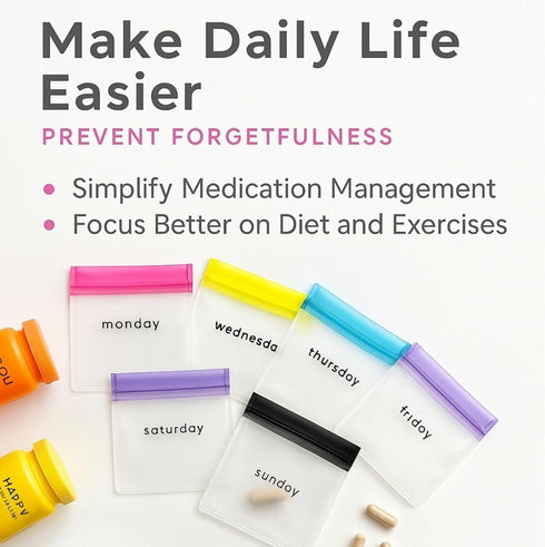 OGAK 7 Set Day Pill Pouches with Labels, Reusable Silicone Pill Pouch Bags, Travel Medicine Organizer with Pill Cutter