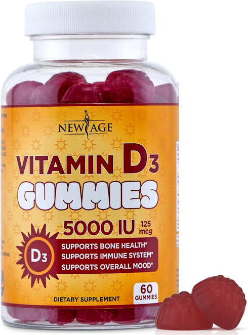 NEW AGE Vitamin D3 5000 IU 125mcg Gummies - Strong Bone Health, Immune Support - Non-GMO, Gluten-Free, Dairy-Free, 60