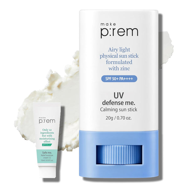 MAKEPREM Calming Sun Stick Sunblock SPF 50+ PA++++ for Sensitive Oily Acne-Prone Skin, 0.7 Oz, Vegan, Reef-Safe