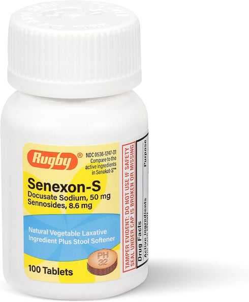 Rugby Senexon-S Natural Vegetable Laxative Plus Stool Softener - 100 Tablets (Docusate Sodium 50mg, Sennosides 8.6mg)