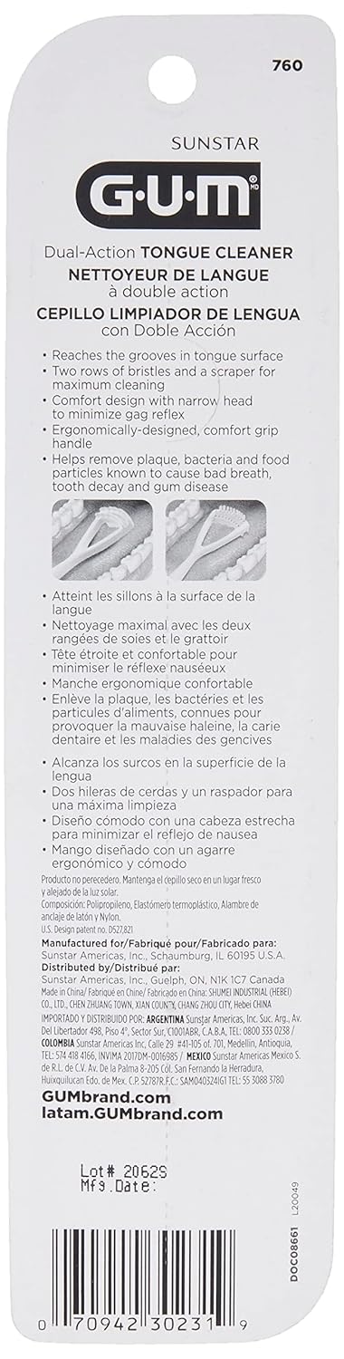 GUM Tongue Cleaner, Dual Action Soft Bristled Tongue Brush with Tongue Scraper, Better Oral Hygiene, Bad Breath