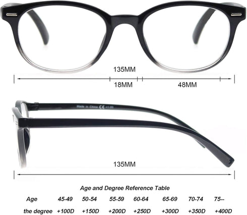 Black Reading Glasses for Women, Cute Small Round Readers +2.25 for Petite Faces, Lightweight Cheaters with Comfortable