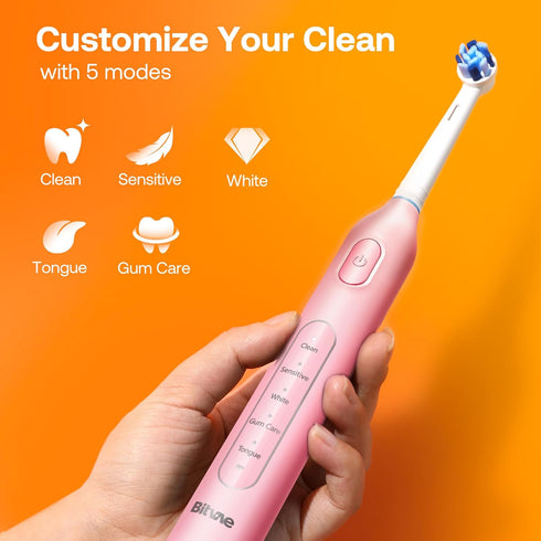 Bitvae R1 Rotating Electric Toothbrush with 8 Brush Heads, 5 Modes, Rechargeable Power Toothbrush, Pink