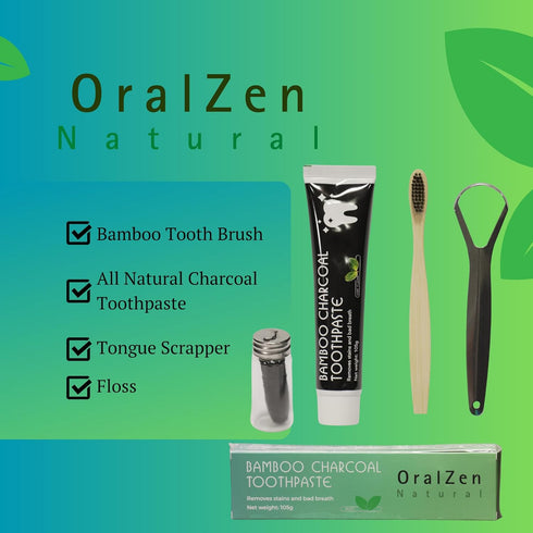 OralZen Total Dental Care Kit, Advanced Charcoal Fluoride Free Toothpaste, Bamboo Soft Bristle Toothbrush, Tongue