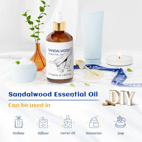 HIQILI Sandalwood Essential Oils, Long-Lasting Scent for Perfume, Diffuser, Soap Making - 3.38 Fl Oz