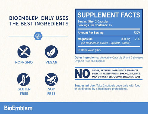 BioEmblem Triple Magnesium Complex - 300mg of Magnesium Glycinate, Malate, & Citrate for Muscles, Nerves, & Energy -