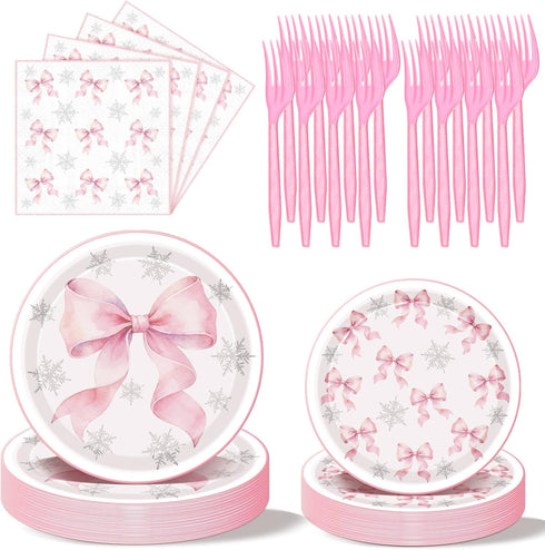 Havawish 96 Pcs Pink Bow Snowflake Paper Plates Winter Wonderland Plates and Napkins