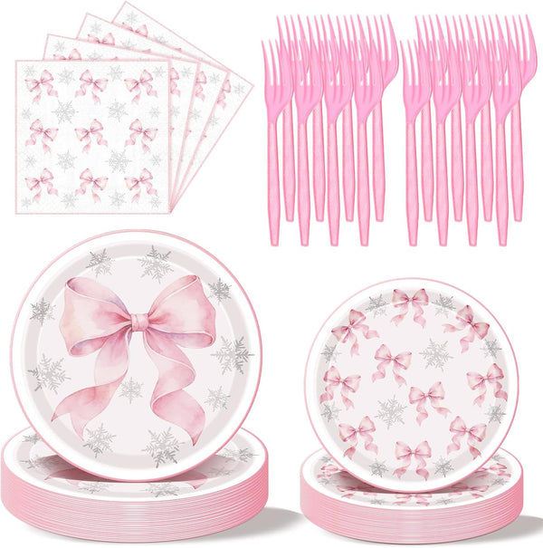 Havawish 96 Pcs Pink Bow Snowflake Paper Plates Winter Wonderland Plates and Napkins