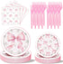Havawish 96 Pcs Pink Bow Snowflake Paper Plates Winter Wonderland Plates and Napkins