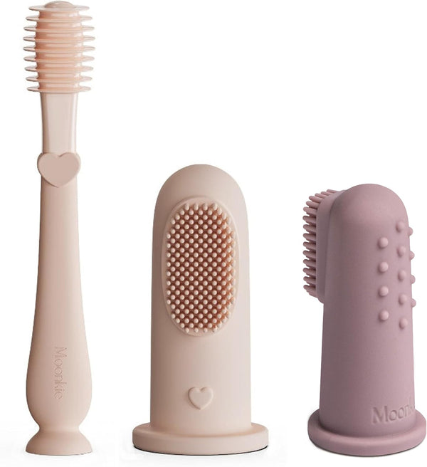 Moonkie Baby Finger Toothbrush Kit, 3 Pcs Oral Cleaner for 3 Months + (Blush/Pale Mauve/Blush)