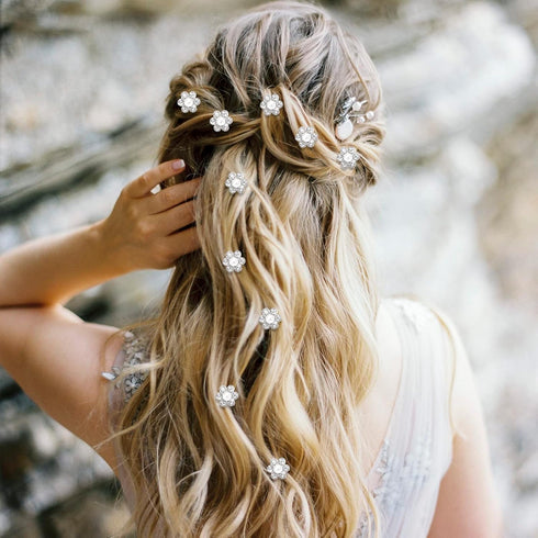 YISSION 20Pcs Mini Rhinestone Flower Hair Clips, Cute White Pearl Hair Pins, Wedding Hair Accessories for Women Girls