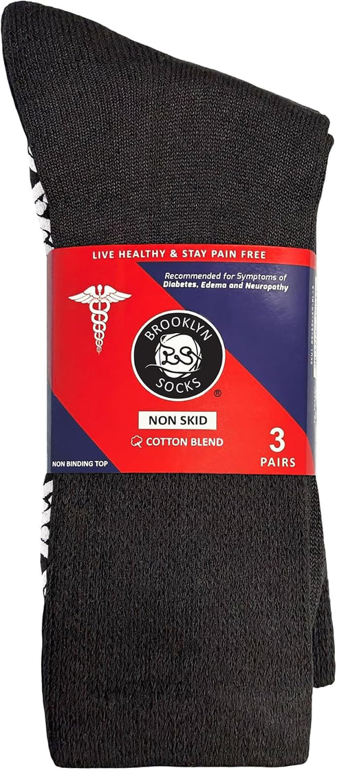 Multipack Brooklyn Socks Non-Skid Cotton Diabetic Neuropathy Crew Socks, Non-Binding Traction Control
