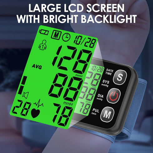 Wrist Blood Pressure Monitor - Automatic Cuff 13.5-19.5 cm, High Accuracy, Backlit LCD Screen, 2 * 99 Memory Sets