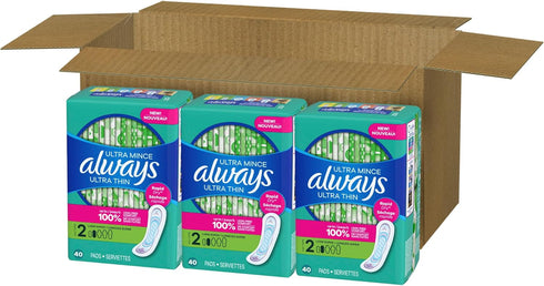 Always Ultra Thin Feminine Pads, Size 2, Long Super Absorbency, Unscented, 40 Count x 3 Pack (120 Count)