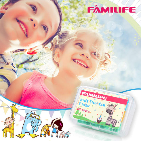 FAMILIFE Floss Picks, 120 Pcs Kid's Dental Floss Cleaner, 4 Travel Cases, Helps Fight Tooth Decay