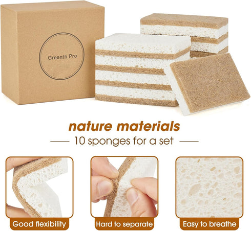 10 Pack Nature Dish Sponge | Eco-Friendly Natural Kitchen Sponge | Coconut Fiber and Wood Cellulose Scrubber Sponge