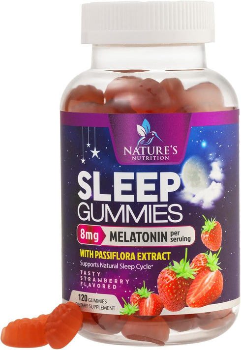Melatonin Gummies 8mg - Extra Strength Sleep Support with 20mg Passiflora, Vegan & Non-GMO, Berry Flavor - 120 Gummies