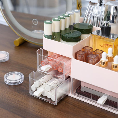 Makeup Organizer, Cosmetic Case with Clear 3 Drawers for Bathroom and Dresser, Pink Display Case for Brushes