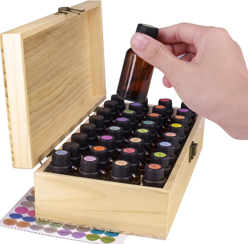 Wooden Essential Oil Storage Box, 32 Slots Display Organizer for 5 to 15 ml Bottles, Nail Polish Collection Holder