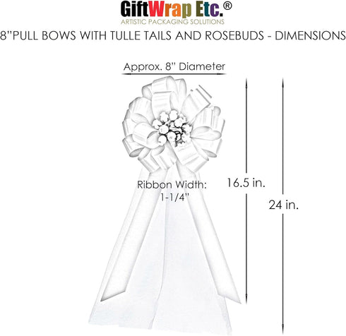 Hunter Green Pull Bows with Tulle Tails and Rosebuds, Set of 6, 8" Wide, Spring Wedding Aisle Decoration
