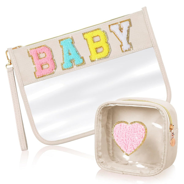 Hillban 2 Pcs Gifts Chenille Letter Bags, Preppy Patch Makeup Bag Flat Clear Pouch, PVC Organizer Purse Waterproof
