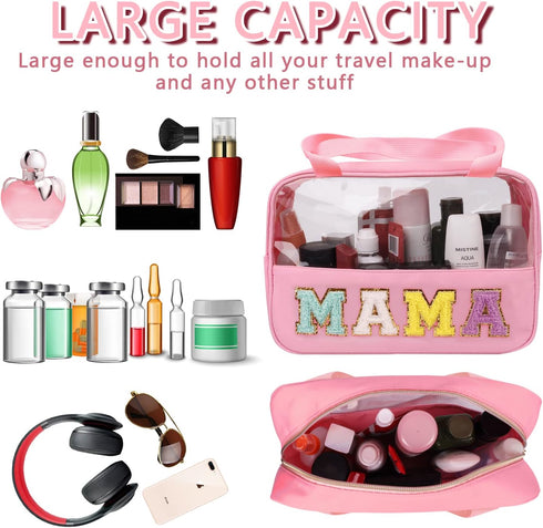 Iqimott Chenille Letter Patch Mama Bag, Large Clear Makeup Cosmetic Tote with Handle, Pink