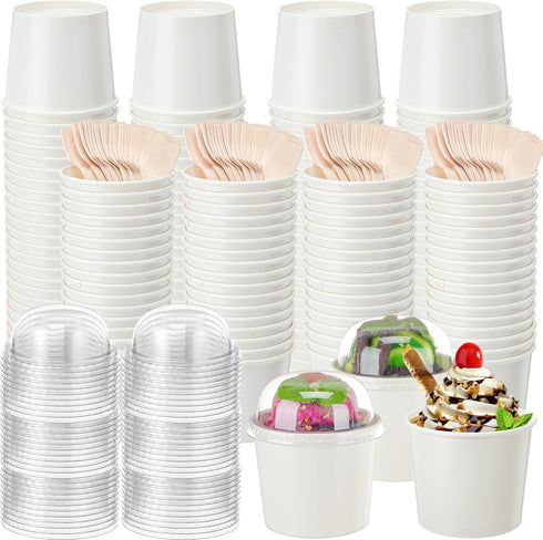 Ninehaoou 100 Pack Ice Cream Cups with Dome Lids No Hole and Spoons
