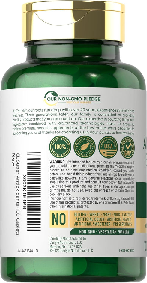 Carlyle Antioxidants Supplement | 100 Caplets - Nutritional Complex with Vitamin A, C, E | Non-GMO, Gluten Free