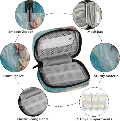 Skerhhux 7 Beach Starfish Blue Pill Case Travel Pill Organizer Weekly Day Portable with Zipper Medicine Box Pill Case