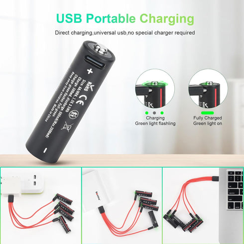 Rechargeable Lithium AA Batteries - USB C AA Battery 1.5V 3500mWh Charges 2 Hours,with 4-in-1 USB-C Charging Cable, 4-Pack