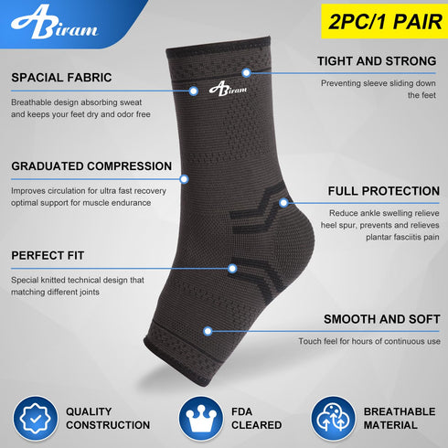 ABIRAM Foot Sleeve (Pair) Compression Wrap Ankle Brace for Arch Support, Football, Basketball, Running
