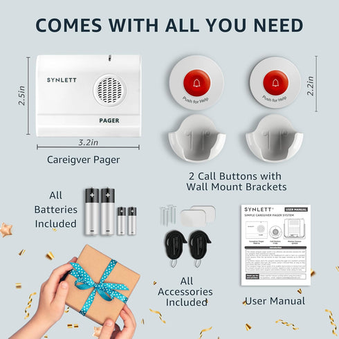SYNLETT Caregiver Pager Wireless Call Buttons for Elderly Monitoring SOS Alert System Portable Alarm for Nurse Call