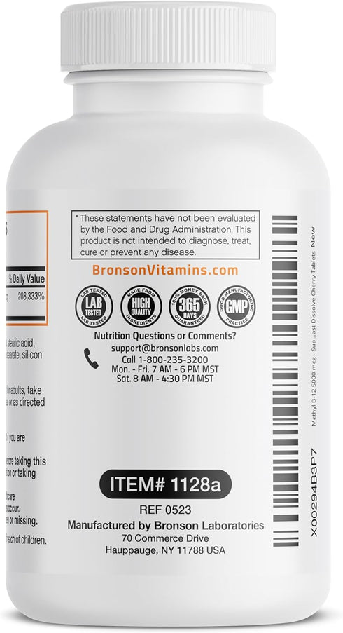 Bronson Methyl B12, 5000 mcg, Vitamin B12 Methylcobalamin, Energy & Brain Support, 60 Lozenges