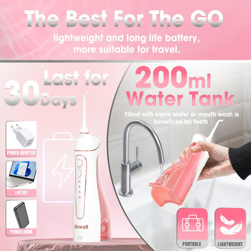 Cordless Water Dental Flosser for Teeth - Nicwell 4 Modes Oral Irrigator, Portable and Rechargeable, IPX7 Waterproof