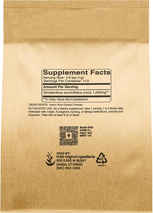 PURE ORIGINAL INGREDIENTS Yacon Root Extract (4 oz) Always Pure, No Fillers or Additives, Herbal Supplement Powder