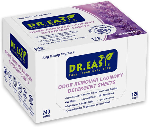 DR.EASY Odor Remover Laundry Detergent Sheets, 240 Loads Lavender, Biodegradable, Safe for Baby & Pets