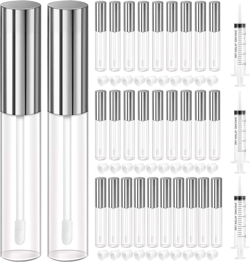 KPX 30 Pcs 10ml Clear Pink Lip Gloss Tube Containers Bulk, Refillable Lip Balm Bottles with Rubber Insert for DIY Makeup