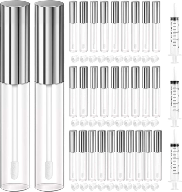 KPX 30 Pcs 10ml Clear Pink Lip Gloss Tube Containers Bulk, Refillable Lip Balm Bottles with Rubber Insert for DIY Makeup