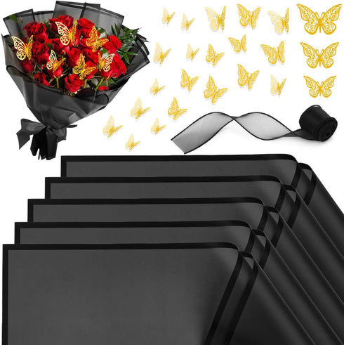 ROADPLUM 20 Sheet Black Flower Wrapping Paper, Bouquet Wrap Kit with 12 Butterflies and 1 Ribbon