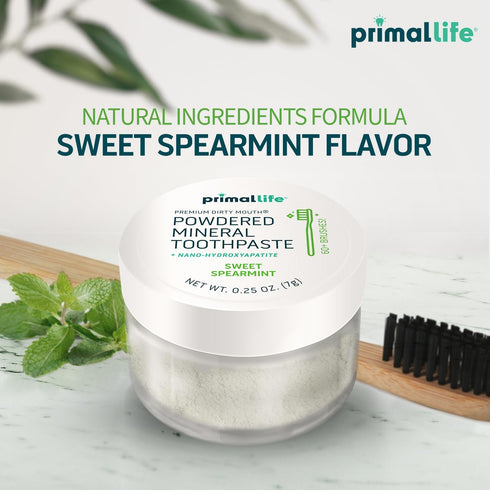 Primal Life Organics Dirty Mouth Toothpowder, 0.25 oz, Organic Vegan, Sweet Spearmint, 200+ Brushings