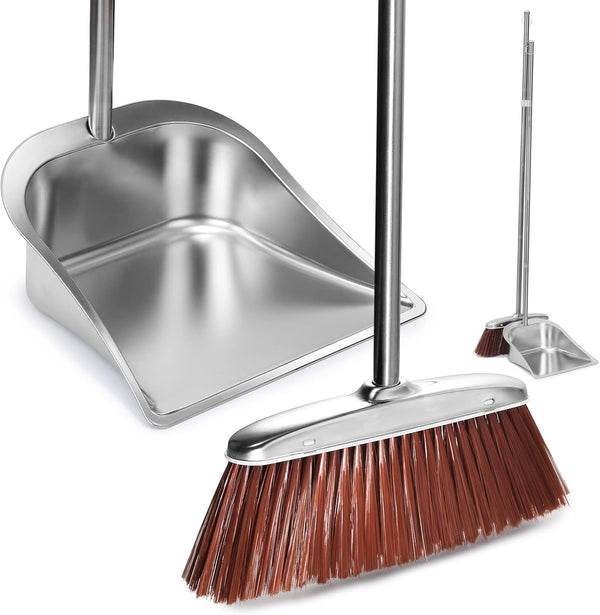 SUTINE Broom and Dustpan Set for Home, 56" Upright Long Handle, Heavy Duty Stainless Steel Dust Pan for Indoor Outdoor