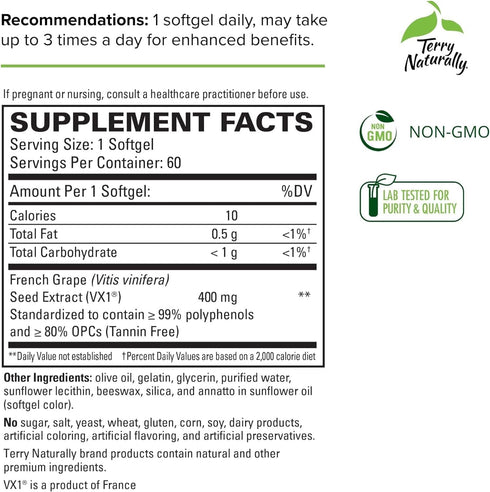 Terry Naturally Clinical OPC Extra Strength, 60 Softgels, French Grape Seed Extract, Non-GMO