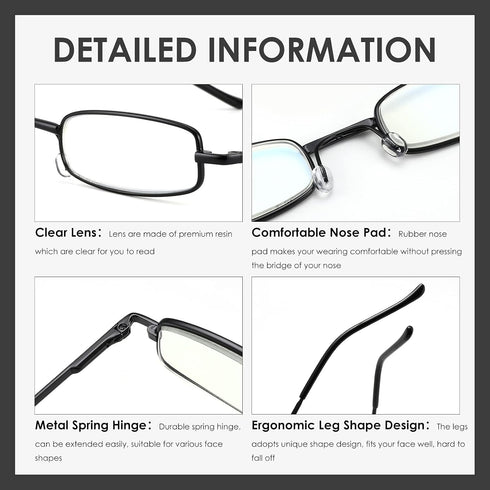 3 Pack Slim Pocket Reading Glasses, Blue Light Blocking Readers with Spring Hinge Metal Frame & Portable Pen Clip Tube