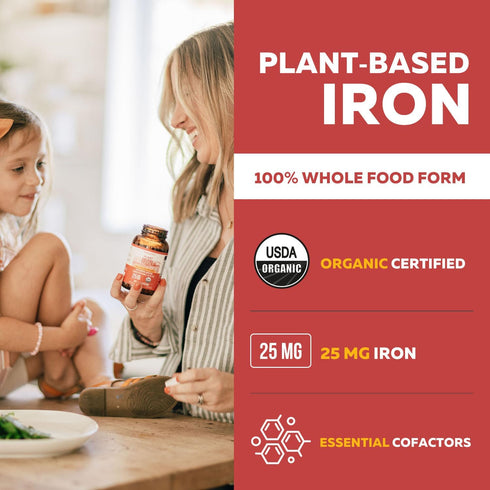 Organic Iron | Whole Food Iron Supplement & Cofactors, 25 mg Elemental Iron | Enhanced Absorption plus Blood Builder Vitamins - Gentle Form - Support Healthy Iron Level & Blood Health - 90 Capsules