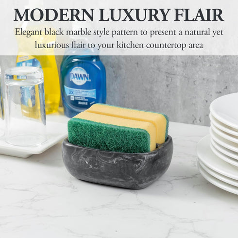 MyGift Modern Black Resin Double Sponge Holder with Realistic Marble Pattern for Kitchen Sink Countertop, Dish Cleaning Sponges or Scrubbing Pads Bowl with 2 Compartments by MyGift