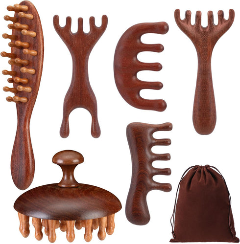Yiyiring 6 Pcs Natural Wooden Scalp Massager Comb Tool Set with Flocked Storage