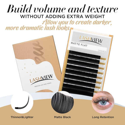 LASHVIEW Individual Lashes, Ellipse Flat Eyelash Extensions 0.20mm D Curl 8-15mm Mixed Tray, Mink Black, Super Matte