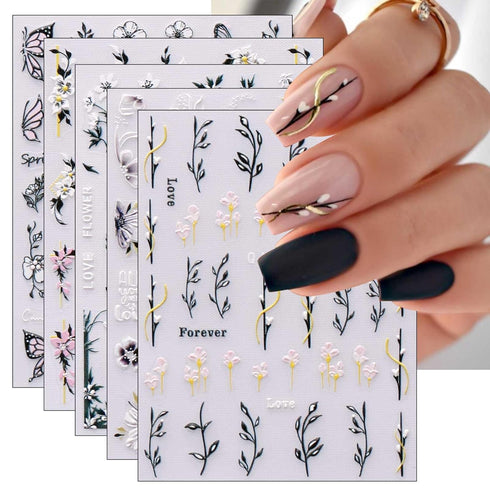 JMEOWIO 6 Sheets 3D Embossed Spring Flower Nail Art Stickers, Self-Adhesive Decals for Summer Nail Design